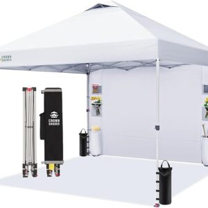 CROWN SHADES Canopy Tent 10x10 Pop Up Canopy Outdoor Shade with Pockets Sidewall, Easy Up Sun Shelter with One Person Set Up Center Lock, Portable Instant Camping Beach Canopy Tents, White