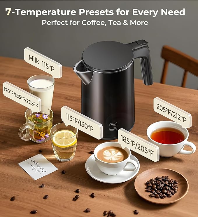 Electric Kettle 1.0L 1200W, 7 Temp Settings, 4H Keep-Warm, Fast-Boil Stainless Steel Electric Tea Kettle, 120V Water Boiler with Auto-Shut Off, Cool Touch PP Exterior for Home Office, Black - Image 3