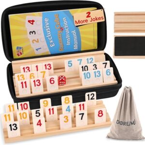Upgraded Rummy Cube Game Set 4 Players with 4 Wooden Holders and 108 Rummy Melamine Tiles, Travel Family Board Game for Adults and Kids