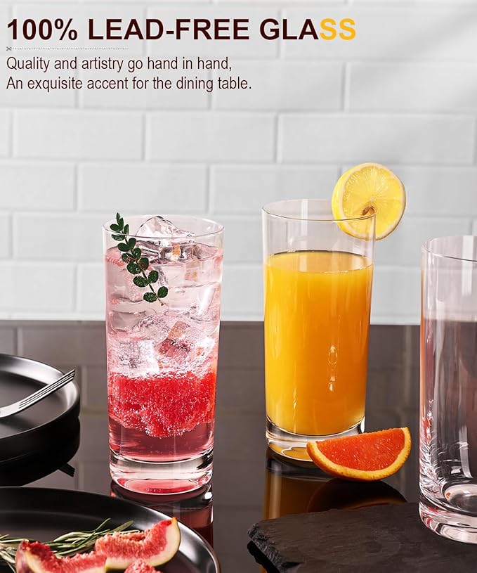 LUNA & MANTHA Drinking Highball Glasses Set of 6, Water Glasses 16 oz, Wide Mouth Design Lead-Free Crystal Glassware, Tall Glass Cups for Mojito and Tom Collins, Cocktail - Image 3