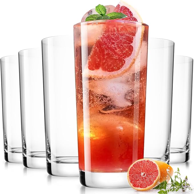 LUNA & MANTHA Drinking Highball Glasses Set of 6, Water Glasses 16 oz, Wide Mouth Design Lead-Free Crystal Glassware, Tall Glass Cups for Mojito and Tom Collins, Cocktail