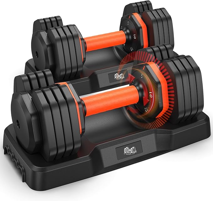 25/55LB Adjustable Dumbbell Set,10 in 1 Free Weights Dumbbell with Anti-Slip Texture Handle,1 Sec Speed Adjustment Men/Women Gym and Home Strength Training Equipment.
