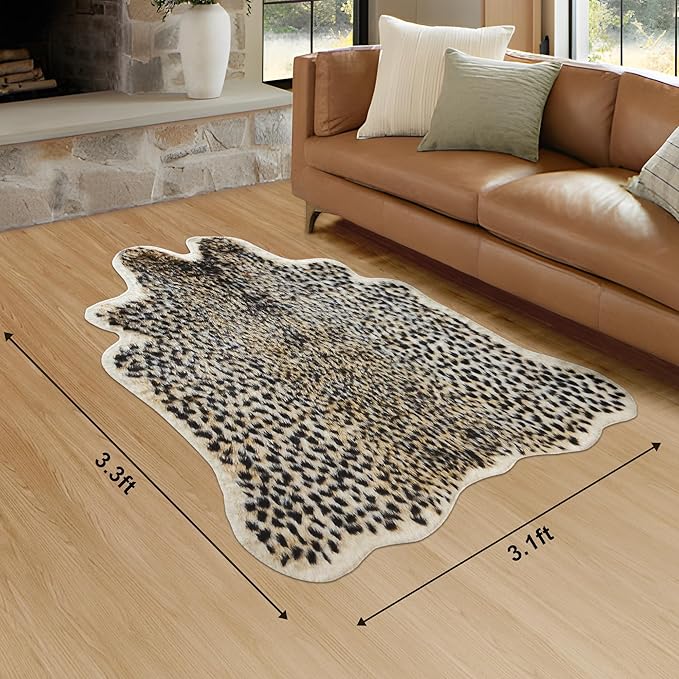 Cheetah Print Rug Leopard Carpet: Small Faux Cowhide Skin Fur Area Rug Animal Printed Hide Mat for Living Room Kitchen 3.3 x 3.1ft - Image 2