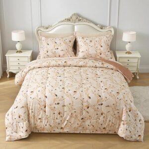 Floral Printed Farmhouse Queen Sheet Set with Comforter, Beige and Yellow Flower Pattern Queen Bed in A Bag