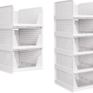 5 Pack Stackable Closet Organizer, Folding Closet Container, Plastic Storage Basket White Pull Out Shelves