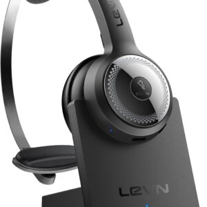 LEVN Wireless Headset with Mic for Work, Wireless Headset (Charging Base, Noise Cancelling & Mute Button), Long Battery Life, Bluetooth Headsets for Home/Office/Call Center/Laptop/Teams/Zoom, Black
