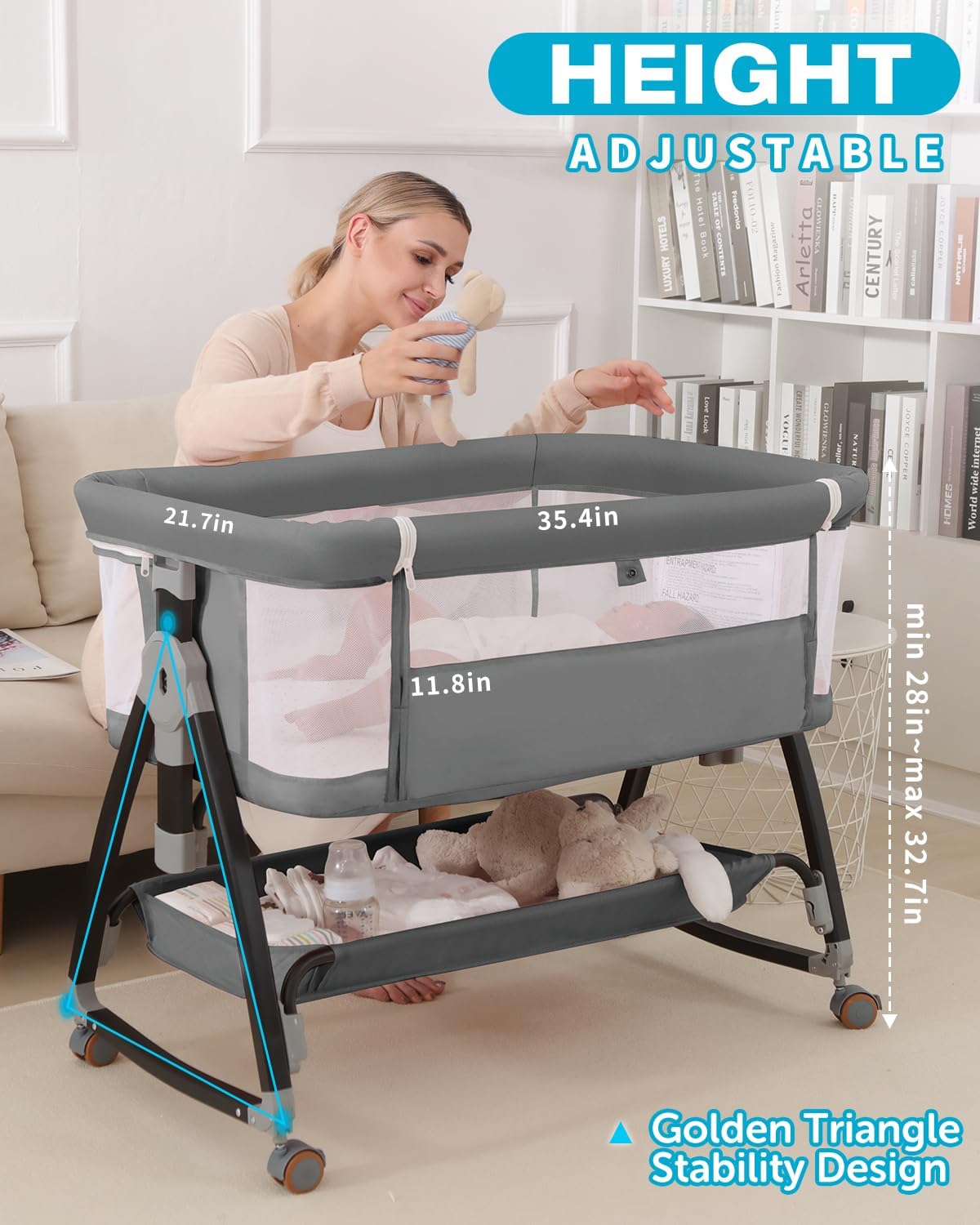 Baby Bassinet, Bassinet Bedside Sleeper with Wheels, Breathable Mesh Bedside Bassinet for Baby, Mosquito Net, Storage Basket, 6 Height Adjustable, Easy to Fold, Grey - Image 2