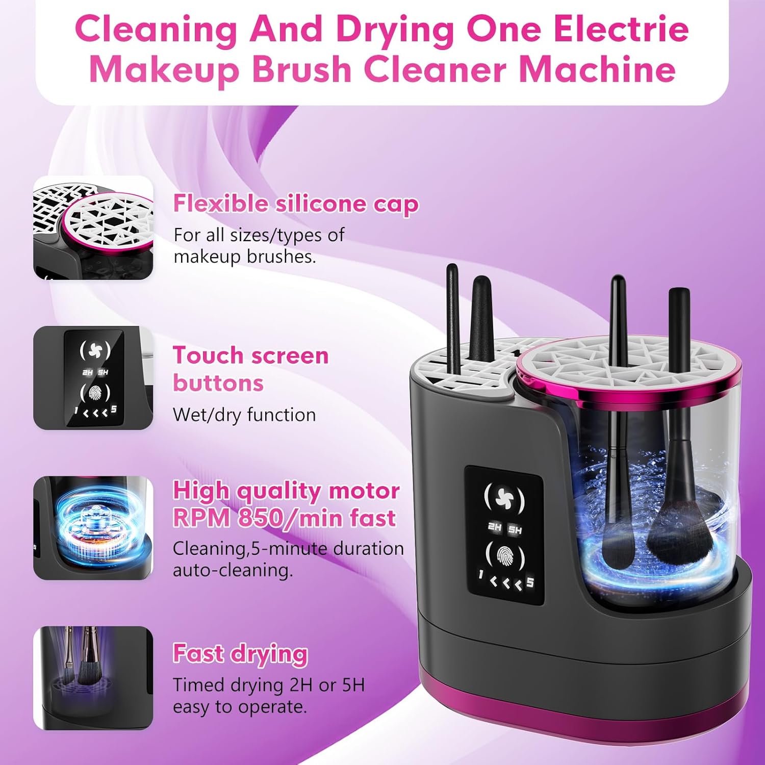 3 IN 1 Electric Makeup Brush Cleaner,Automatic Makeup Brush Cleaner with Makeup Brush Dryer,Portable USB Deep Cleaning for All Size Beauty Makeup Brush Set,Blush Brush (Grey) - Image 3