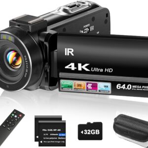 4K Video Camera Camcorder UHD 64MP Vlogging Camera for YouTube 18x Digital Zoom 3" 270° Rotation IPS Touchscreen Video Camcorder with Night Vision, Remote Control, 32GB Card, 2 Batteries