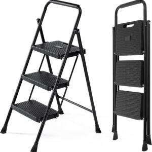 SMUG Step Ladder, 3 Step Stool Foldable with Anti-Slip Pedal & Comfortable Handrail, 800lbs Capacity Sturdy Steel Ladder, Protable Heavy Duty Step Stool for Kitchen, Garage & Outdoor Use, Black