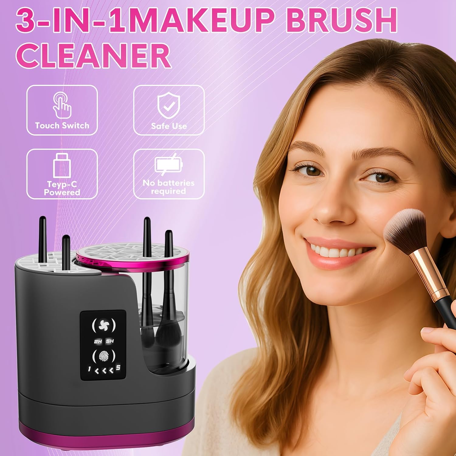 3 IN 1 Electric Makeup Brush Cleaner,Automatic Makeup Brush Cleaner with Makeup Brush Dryer,Portable USB Deep Cleaning for All Size Beauty Makeup Brush Set,Blush Brush (Grey) - Image 2