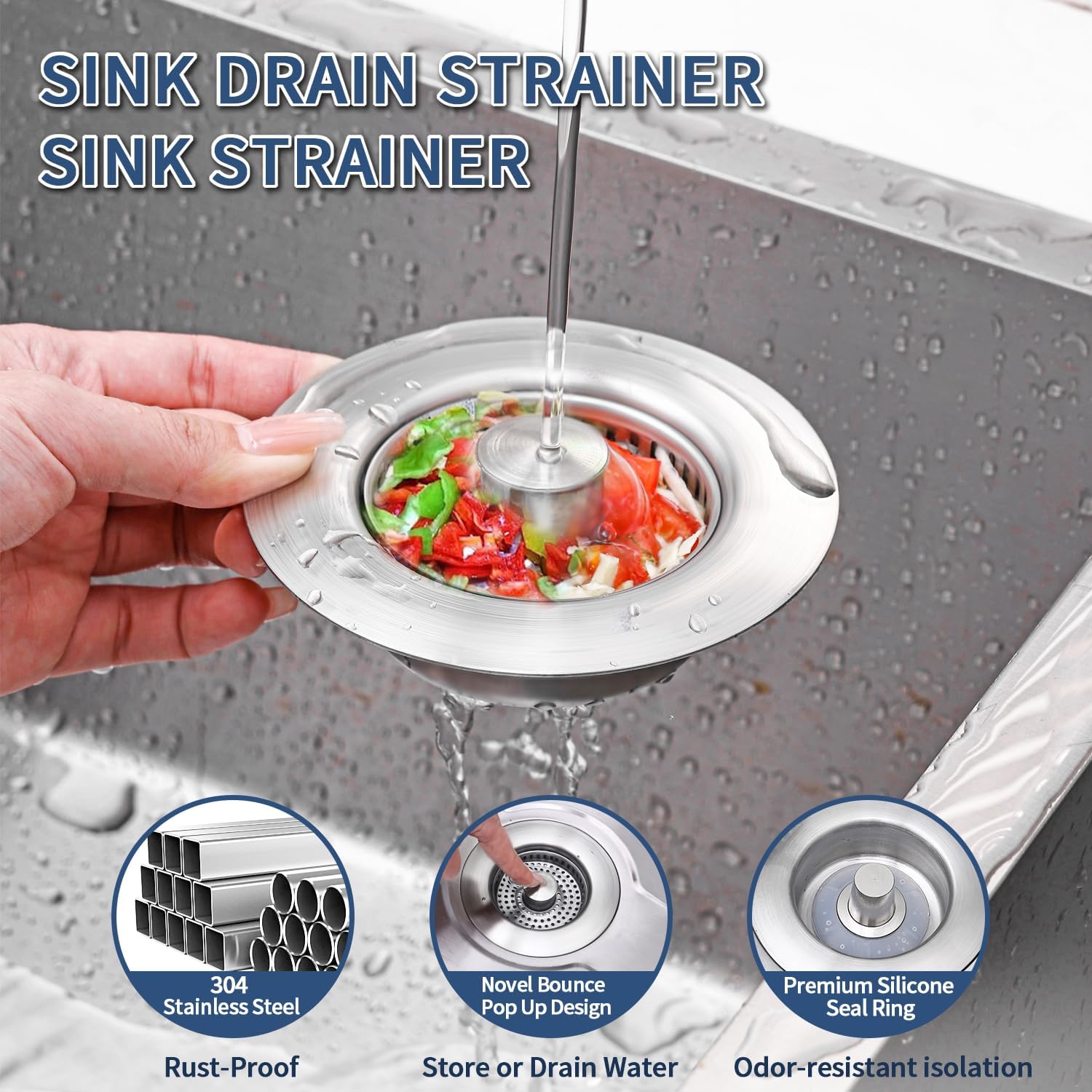 3-in-1 Kitchen Sink Drain Strainer - Pop Up Sink Stopper, Stainless Steel Sink Drain Strainer, Kitchen Sink Stopper & Drain Plug with Anti-Clogging Basket,Sink Strainer Fits US Standard 3-1/2'' Drains - Image 2