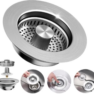 3-in-1 Kitchen Sink Drain Strainer - Pop Up Sink Stopper, Stainless Steel Sink Drain Strainer, Kitchen Sink Stopper & Drain Plug with Anti-Clogging Basket,Sink Strainer Fits US Standard 3-1/2'' Drains