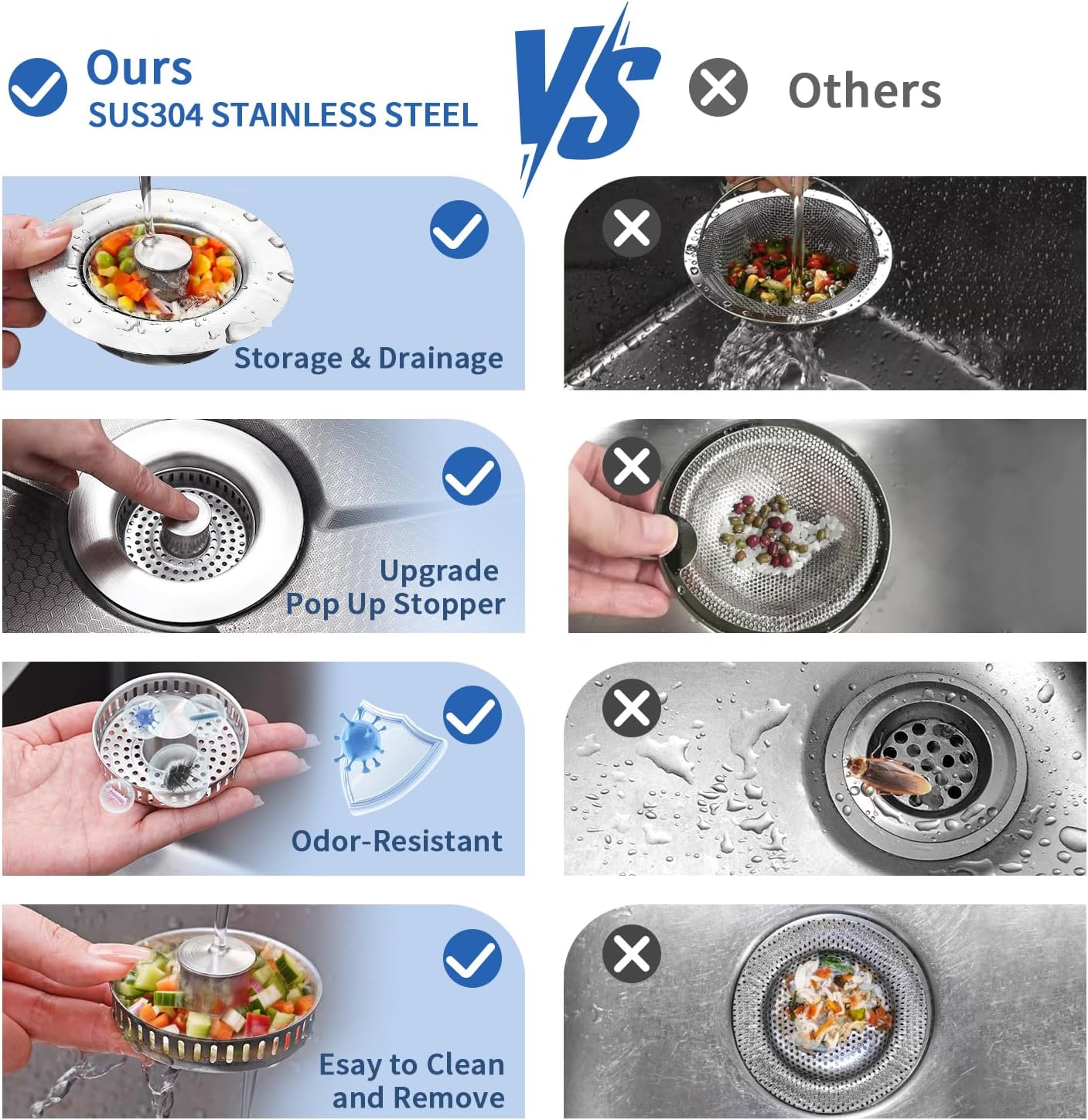 3-in-1 Kitchen Sink Drain Strainer - Pop Up Sink Stopper, Stainless Steel Sink Drain Strainer, Kitchen Sink Stopper & Drain Plug with Anti-Clogging Basket,Sink Strainer Fits US Standard 3-1/2'' Drains - Image 3