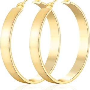 14K Gold Hoop Earrings for Women Trendy, Flat Square-edge 14k Gold Earrings Chunky Earring Classic Dainty Hoops Earring for Womens