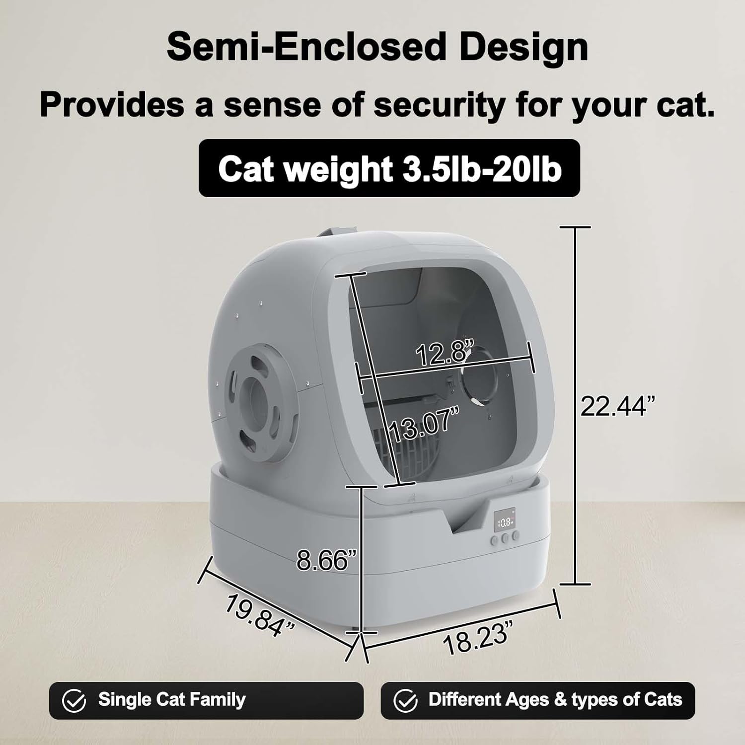 Automatic Cat Litter Box Self Cleaning - APP Control and Weight Monitoring - Ultra-Quiet, Suitable for Medium Cats and Kittens, Safe Anti-Pinch Litter Box (Assembly Required) - Light Grey - Image 3