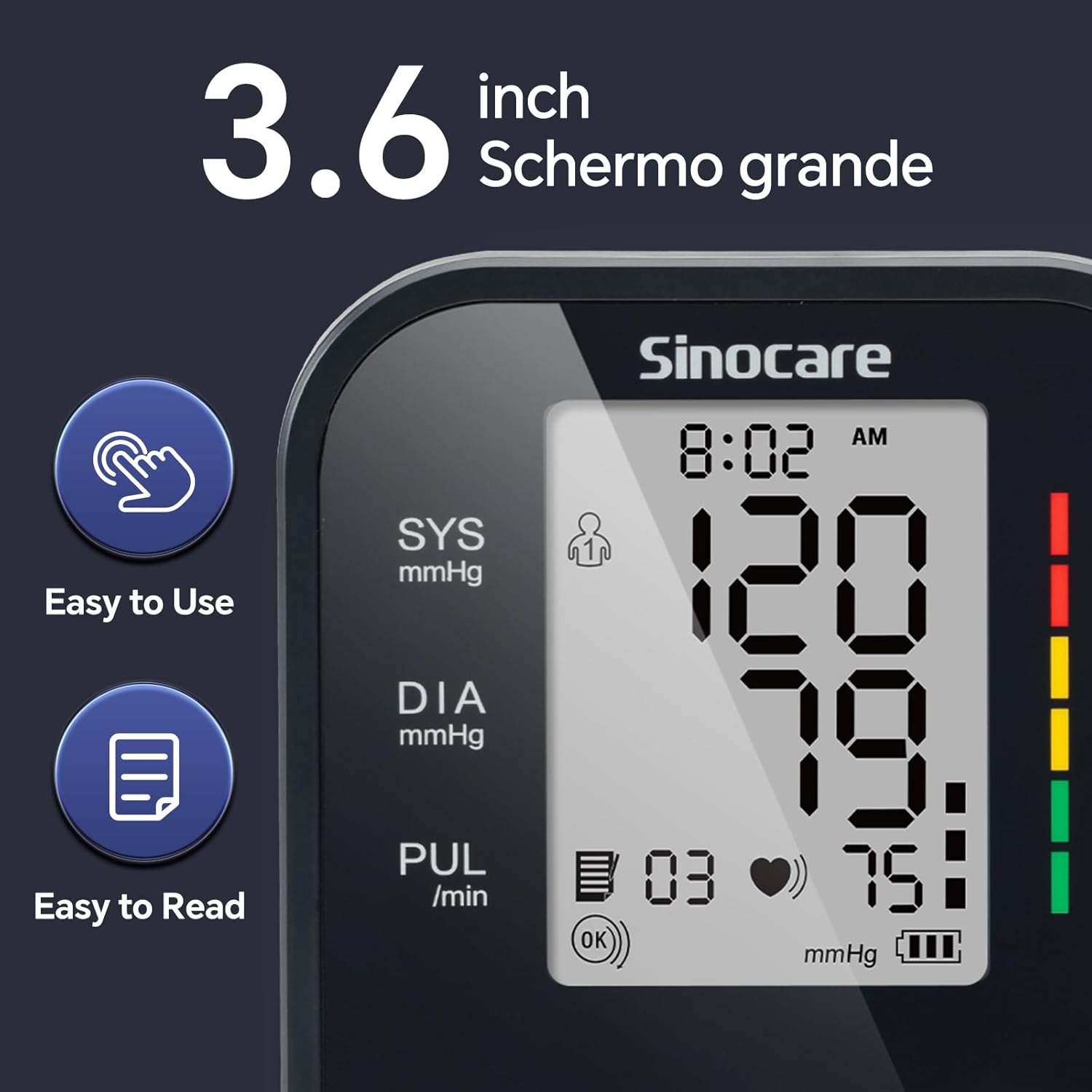 Sinocare Blood Pressure Monitor, Upper Arm BP Machine for Home, Adjustable Cuff 8.6"-16.5", One-Button Operation, Dual User Mode, Posture Detection & Irregular Heartbeat Alert - Image 2