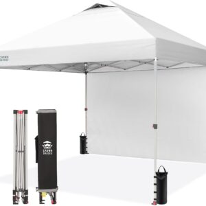 CROWN SHADES 10x10 Pop Up Canopy with 1 Side Wall - Beach Tent with One Push Setup - Outdoor Sun Shade for Events, Parties, Camping - Gazebo with STO-N-Go Cover Bag (White)
