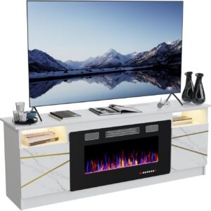 White Fireplace TV Stand for Up to 80" TVs, 36" Electric Fireplace with LED Lights, Charging Station & Removable Shelf, 9mm Birch Plywood Top, 1500W Heater for Living Room