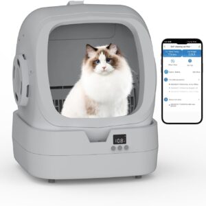 Automatic Cat Litter Box Self Cleaning - APP Control and Weight Monitoring - Ultra-Quiet, Suitable for Medium Cats and Kittens, Safe Anti-Pinch Litter Box (Assembly Required) - Light Grey