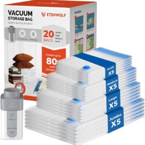 ETENWOLF 20 Pack Vacuum Storage Bags with Rechargeable Wireless Pump, Vacuum Seal Bags for Clothes and Travel, Space Saver Bags in Multiple Carry-On Sizes, Perfect for Luggage and Suitcases