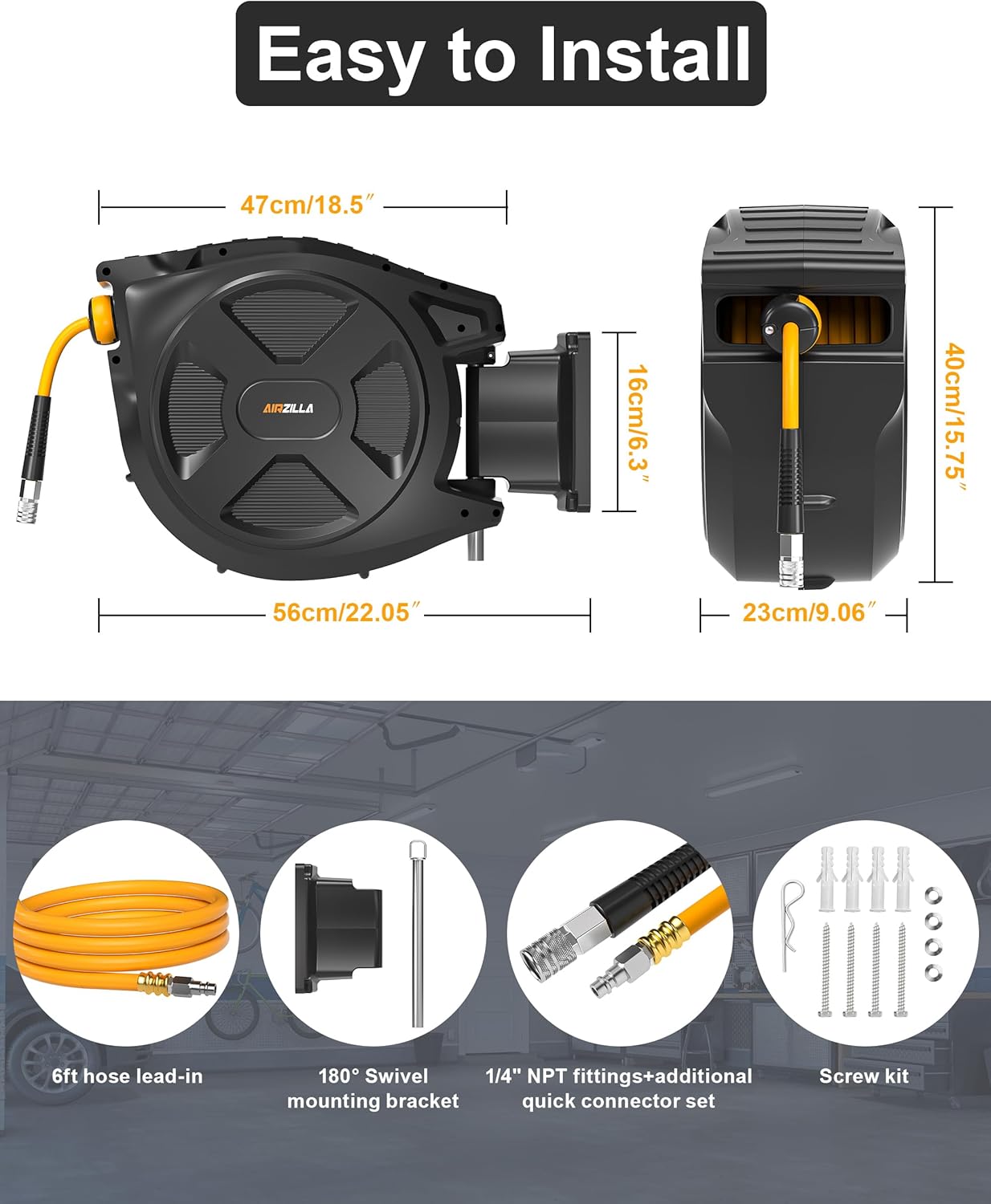 Retractable Air Hose Reel, 3/8" x 80Ft Flex Hybrid Air Hose Max 300PSI Kink-resistant Air Compressor Hose Reel Auto Rewind with 6Ft Lead in, Quick Connect, 180° Swivel Mounting Kit. - Image 2