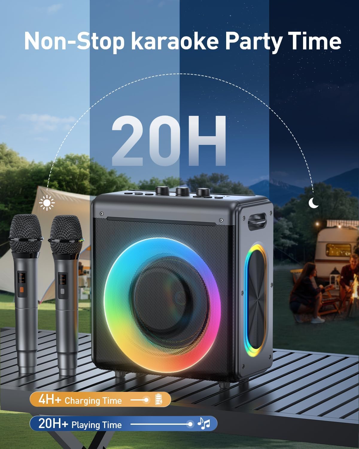 VERKB Karaoke Machine with 2 Wireless Microphones: Portable Bluetooth Speaker for Adults & Kids - PA System with Lights Supports TWS/TF Card/USB/AUX for Home Party-Stage Subwoofers (Gray) - Image 3