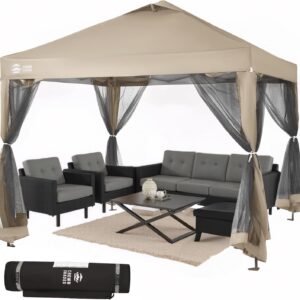 CROWN SHADES Gazebo 10x10 Pop Up Canopy with Mosquito Netting, Screen Tent with 4 Ropes, 8 Stakes, 4 Sandbags and Wheeled Storage Bag, Canopy for Patio & Backyard, Beige