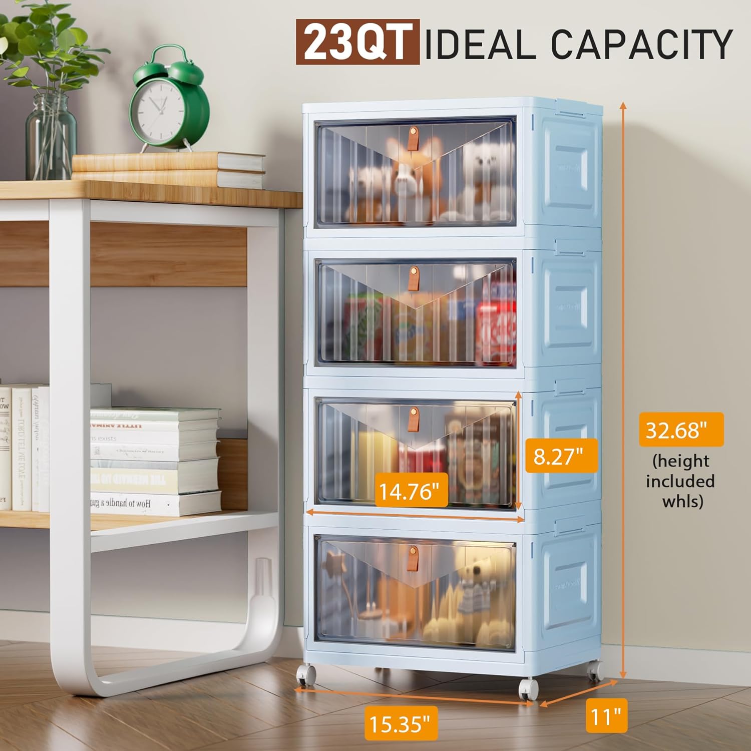 4 Tier Stackable Plastic Storage Bins with Lid and Wheels - 23 QT Closet Organizers and Storage, Foldable Storage Containers, Organization and Storage Boxes for Craft, Home, Pantry, Dorm, Blue - Image 2