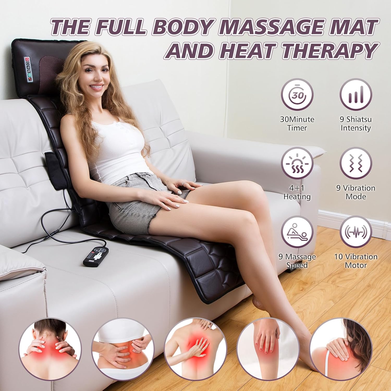 Full Body Massage Mat with Heat, Detachable Neck Massager, Multiple Modes Massage Mats for Full Body, Massage Pad Full Body with 10 Vibrating Motors and 9 Speed Settings for Office Home Use - Image 2