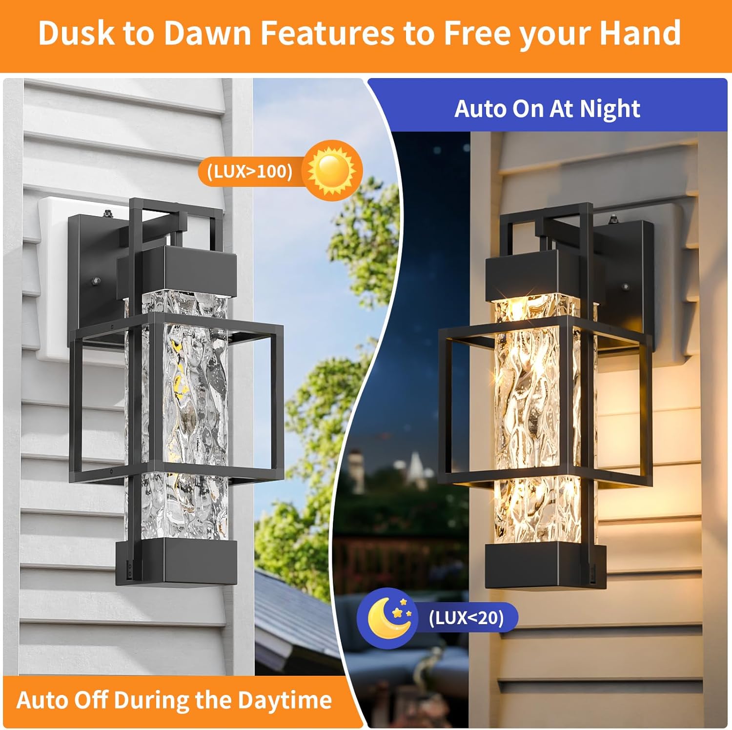 Hotsonic 2 Pack Dusk to Dawn Outdoor Porch Light Fixtures Wall Mount, 14'' Dimmable Exterior Lighting for Outside, Waterproof Wall Lantern Lamps, Black Sconce Coach Lights for House, Garage - Image 2