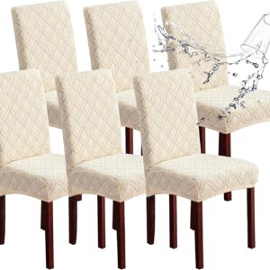Genina Waterproof Chair Covers for Dining Room, Stretch Jacquard Dining Chair Slipcovers Removable Washable Chair Protector for Kitchen, Parsons (Jacquard-Beige, 6 PCS)
