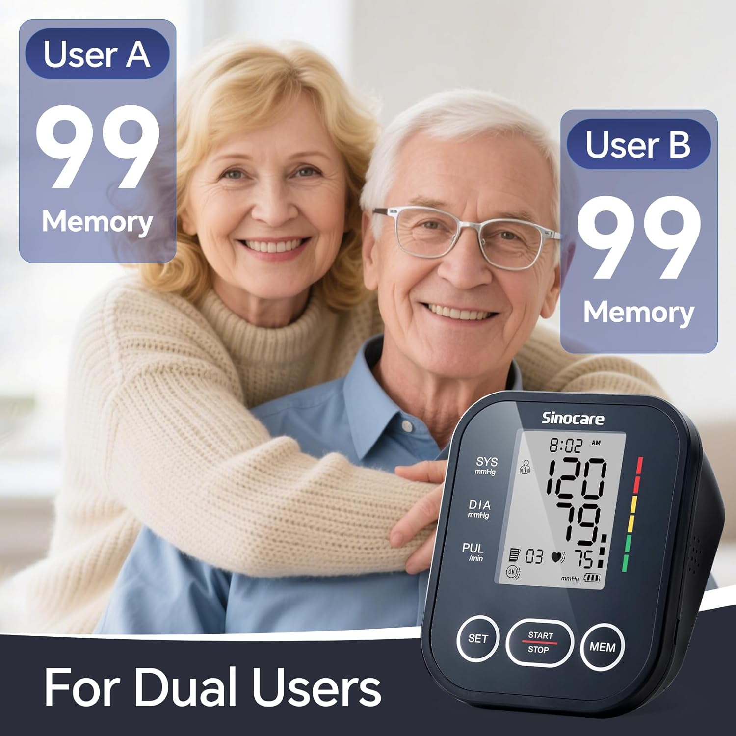 Sinocare Blood Pressure Monitor, Upper Arm BP Machine for Home, Adjustable Cuff 8.6"-16.5", One-Button Operation, Dual User Mode, Posture Detection & Irregular Heartbeat Alert - Image 3