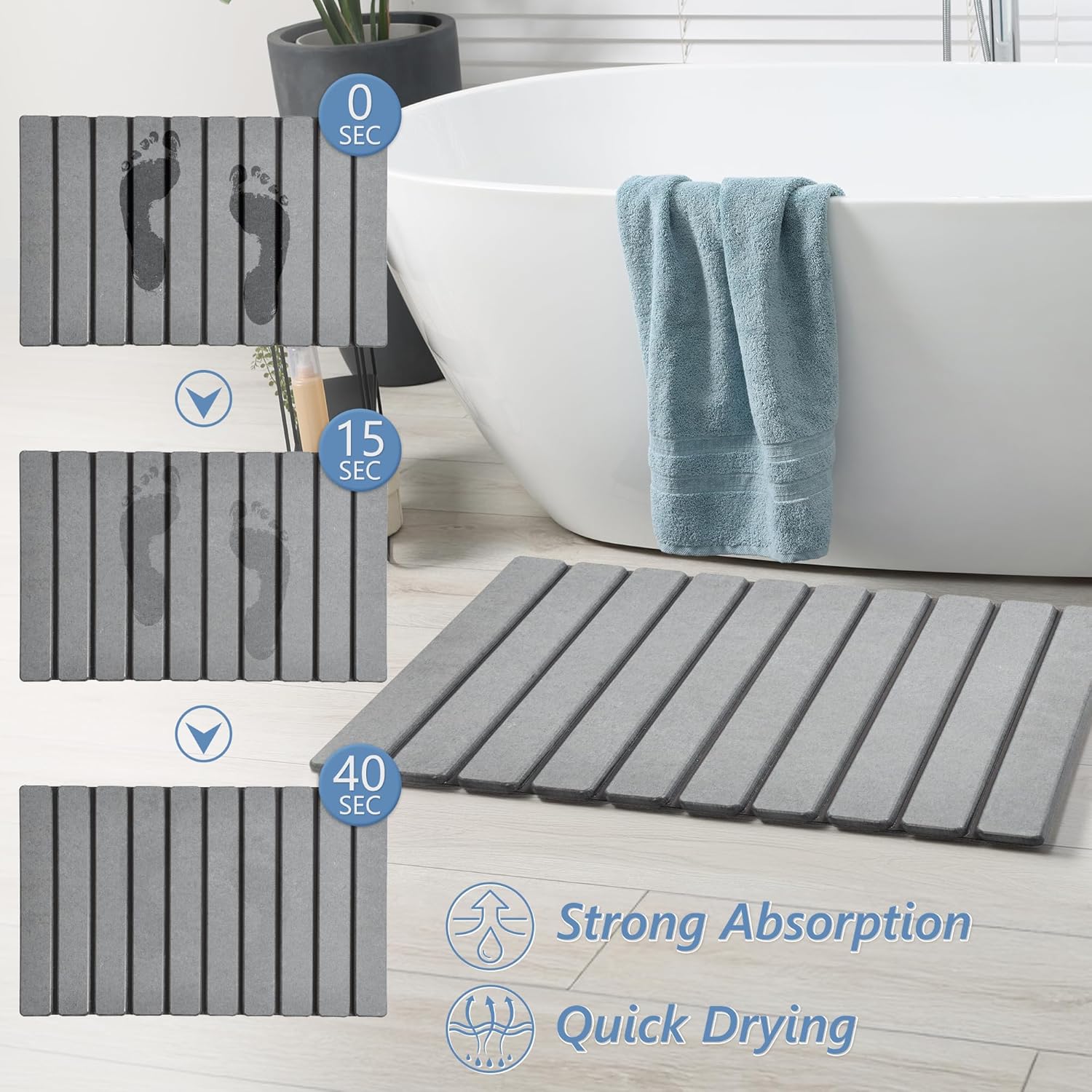 AWW Foldable Stone Bath Mat, Quick-Dry Diatomaceous Earth Bathroom Mat, Non-Slip Shower Mat Outside Shower, Waterproof Tech-Cloth Backing & Sealed Edges, Easy Clean, Low Odor (23.6" x 15.5" Grey) - Image 2