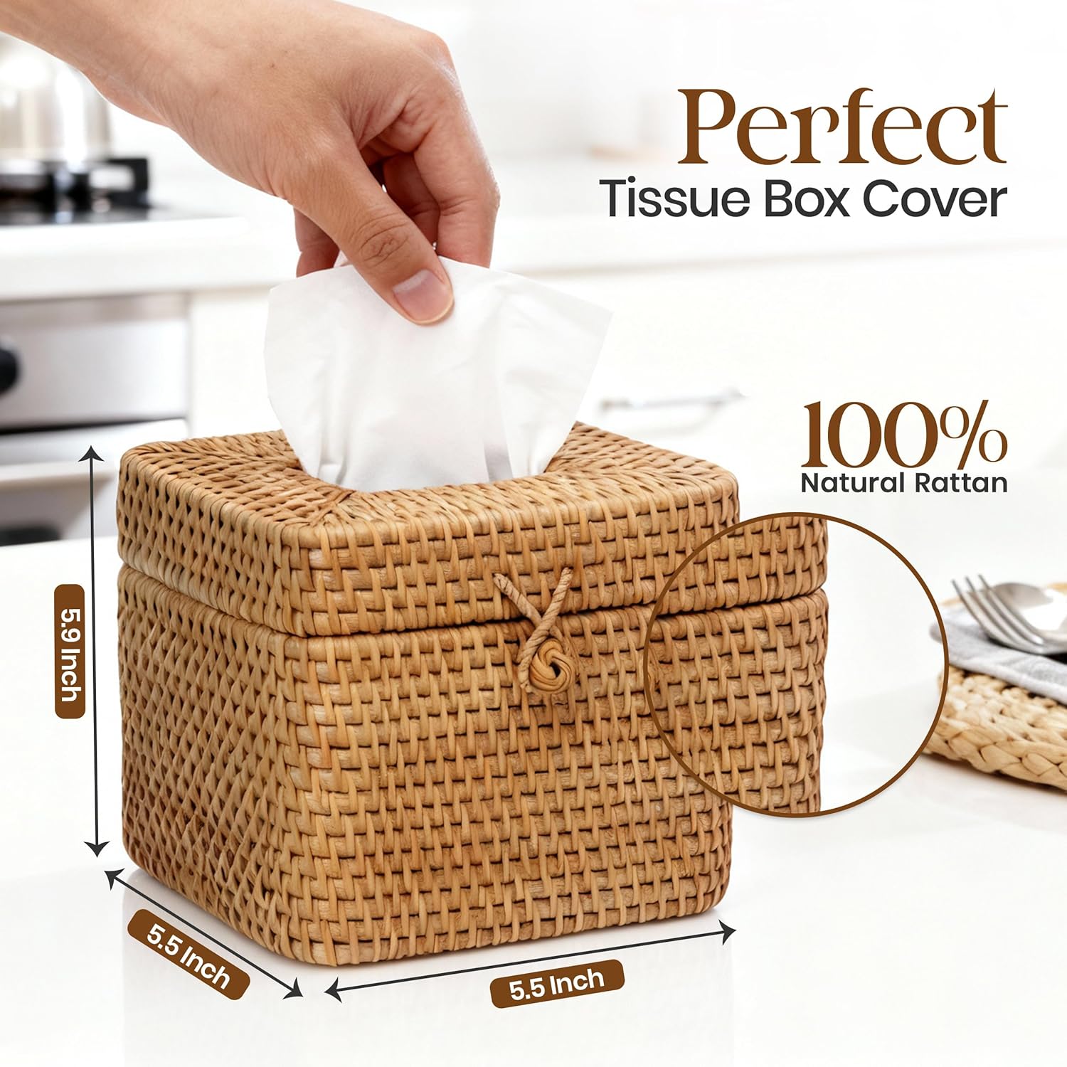 Natural Rattan Tissue Box Cover – 5.5x5.5x5.9 Inch - Stylish Handwoven Tissue Holder with Lid - Ideal for Bathroom Vanity, Bedroom, or Living Room Home Accent - Image 2