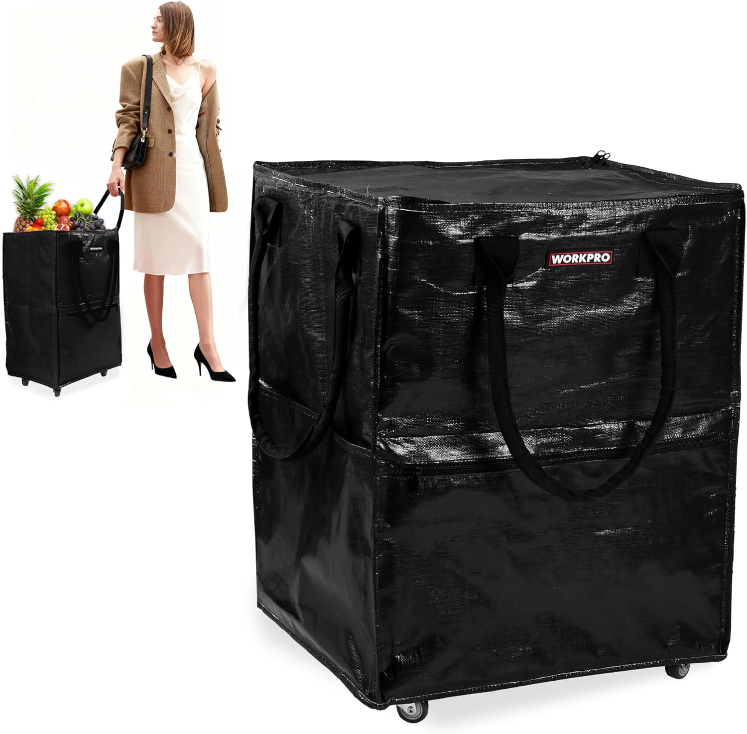 WORKPRO Large Rolling Grocery Bag, 36-Gallon Tote with 5 Wheels, 264 lbs Capacity, Dual Carry, Wide Zipper & Extra Storage for Shopping, Laundry & Moving