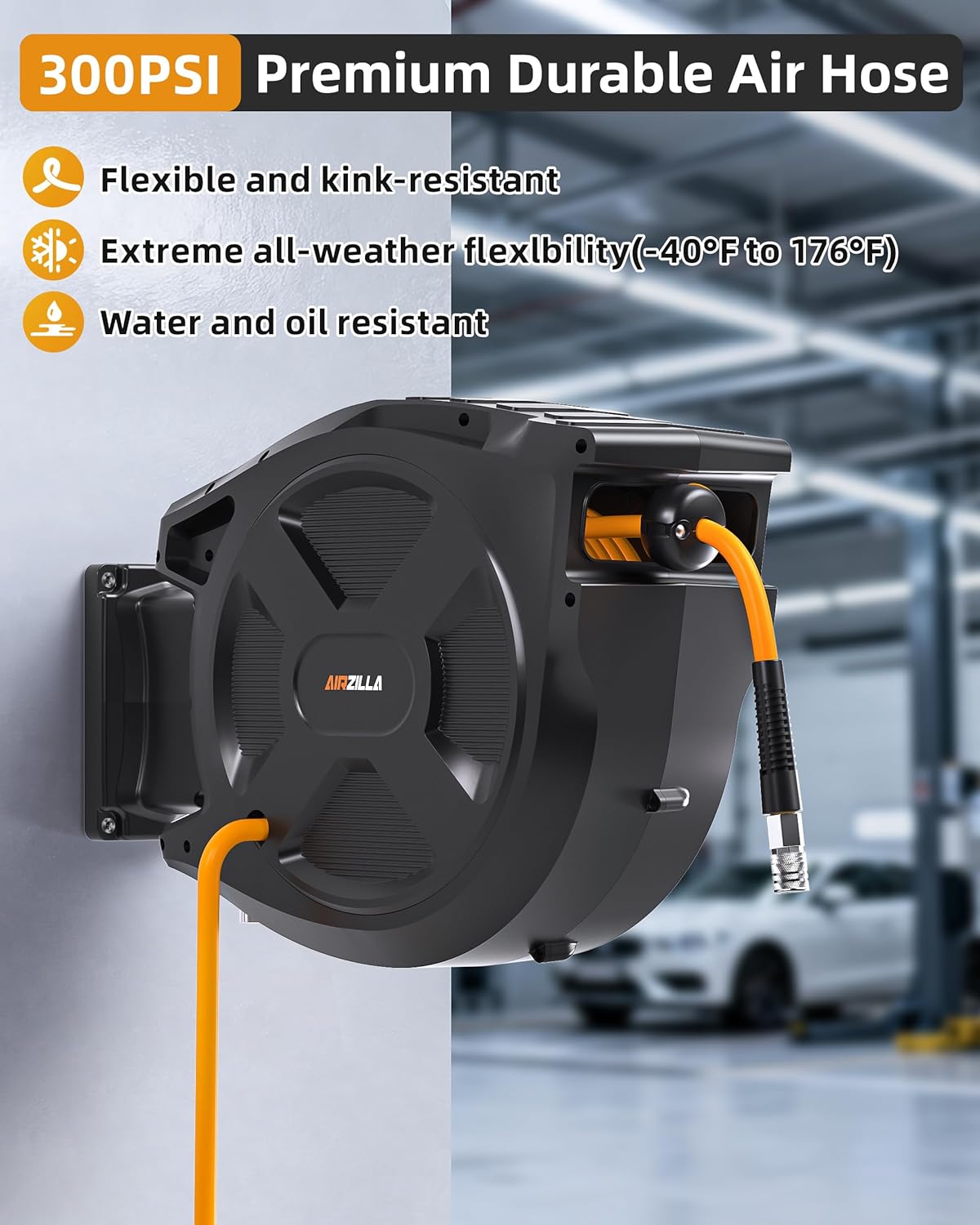 Retractable Air Hose Reel, 3/8" x 80Ft Flex Hybrid Air Hose Max 300PSI Kink-resistant Air Compressor Hose Reel Auto Rewind with 6Ft Lead in, Quick Connect, 180° Swivel Mounting Kit. - Image 3
