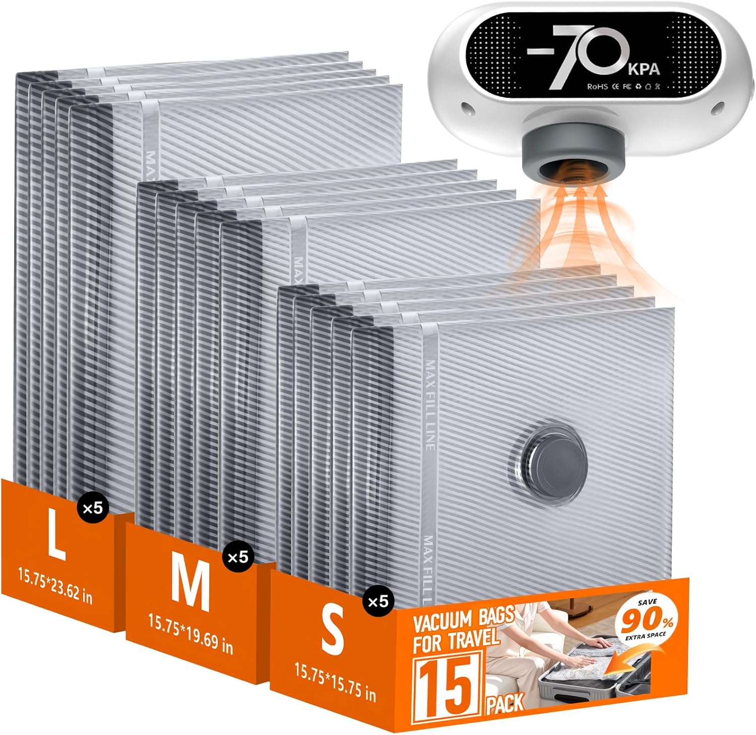 Travel Vacuum Bags with Wireless Pump, 15 Pack Vacuum Storage Bags with Powerful -70KPa Suction, for Maximum Compression in Luggage, Suitcase, Travel and Home Use for Clothes and Blankets, White