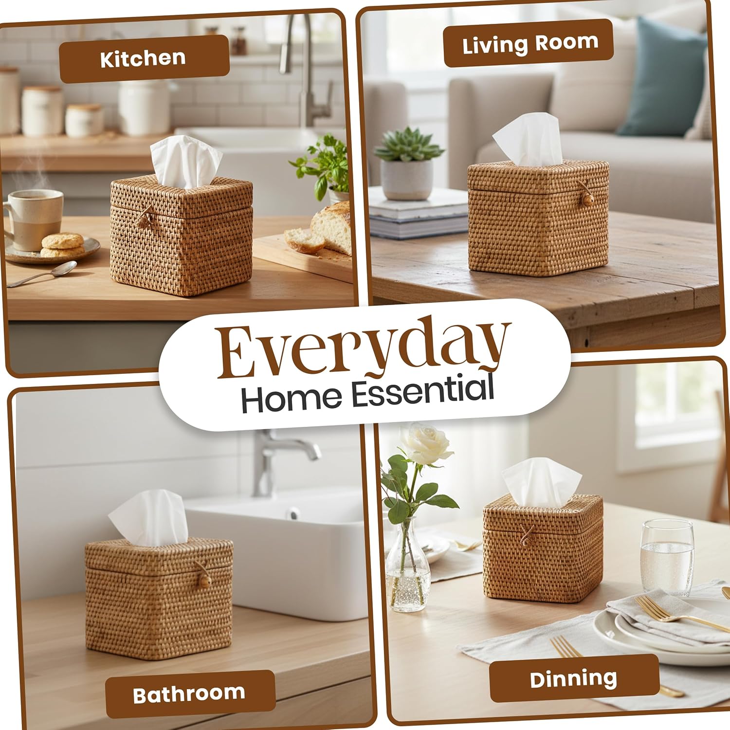 Natural Rattan Tissue Box Cover – 5.5x5.5x5.9 Inch - Stylish Handwoven Tissue Holder with Lid - Ideal for Bathroom Vanity, Bedroom, or Living Room Home Accent - Image 3