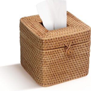 Natural Rattan Tissue Box Cover – 5.5x5.5x5.9 Inch - Stylish Handwoven Tissue Holder with Lid - Ideal for Bathroom Vanity, Bedroom, or Living Room Home Accent