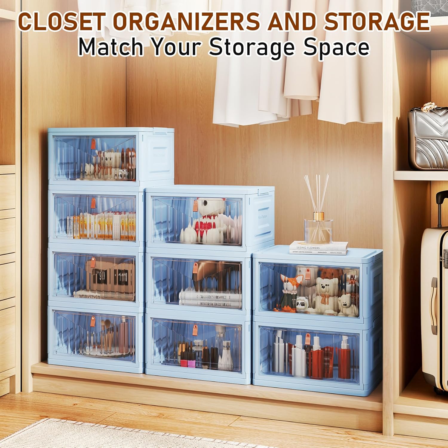 4 Tier Stackable Plastic Storage Bins with Lid and Wheels - 23 QT Closet Organizers and Storage, Foldable Storage Containers, Organization and Storage Boxes for Craft, Home, Pantry, Dorm, Blue - Image 3