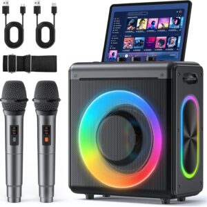 VERKB Karaoke Machine with 2 Wireless Microphones: Portable Bluetooth Speaker for Adults & Kids - PA System with Lights Supports TWS/TF Card/USB/AUX for Home Party-Stage Subwoofers (Gray)