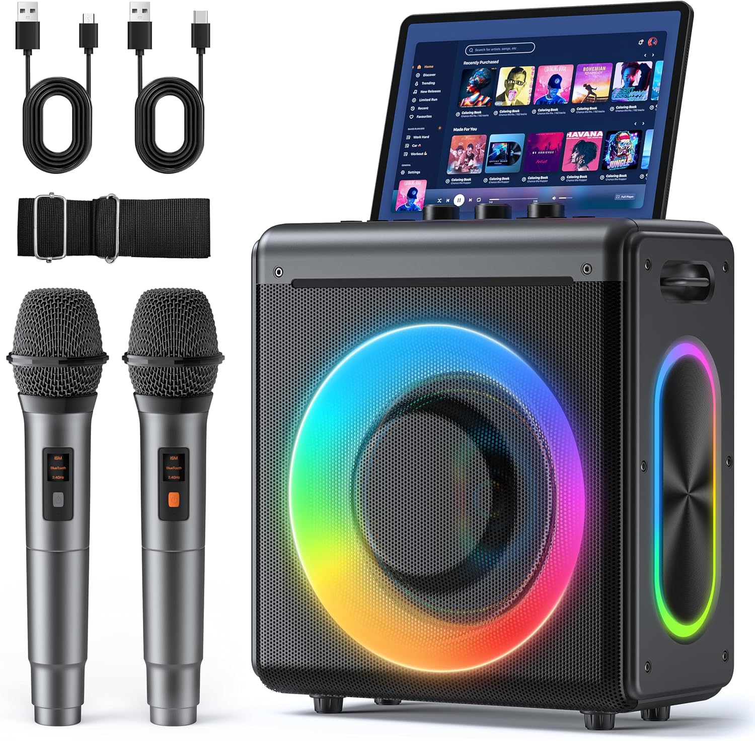 VERKB Karaoke Machine with 2 Wireless Microphones: Portable Bluetooth Speaker for Adults & Kids - PA System with Lights Supports TWS/TF Card/USB/AUX for Home Party-Stage Subwoofers (Gray)