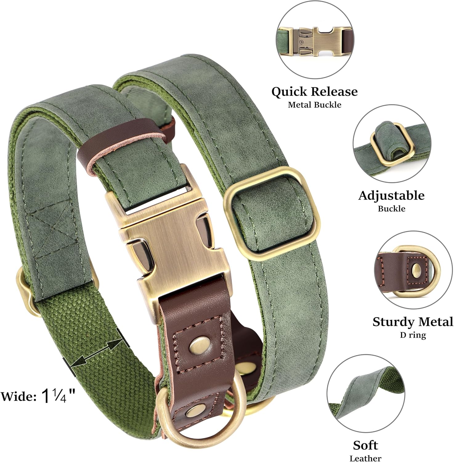 Didog Soft PU Leather Dog Collar for Large Dogs,Classic Adjustable Dog Collars with Quick Release Metal Buckle,Easy Clean and Comfortable with Nylon Lining,Green,XL Neck 17-26", Width 1¼'' - Image 2