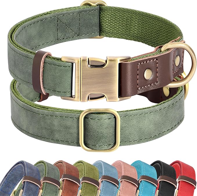 Didog Soft PU Leather Dog Collar for Large Dogs,Classic Adjustable Dog Collars with Quick Release Metal Buckle,Easy Clean and Comfortable with Nylon Lining,Green,XL Neck 17-26", Width 1¼''