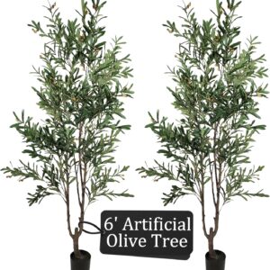 Real-Touch Artificial Tree 2-Pack, Faux Palm or Olive Trees with Weighted Pots, Lifelike Indoor Decorative Plants for Home, Office, Living Room & Entryway (Olive Tree - 6ft)