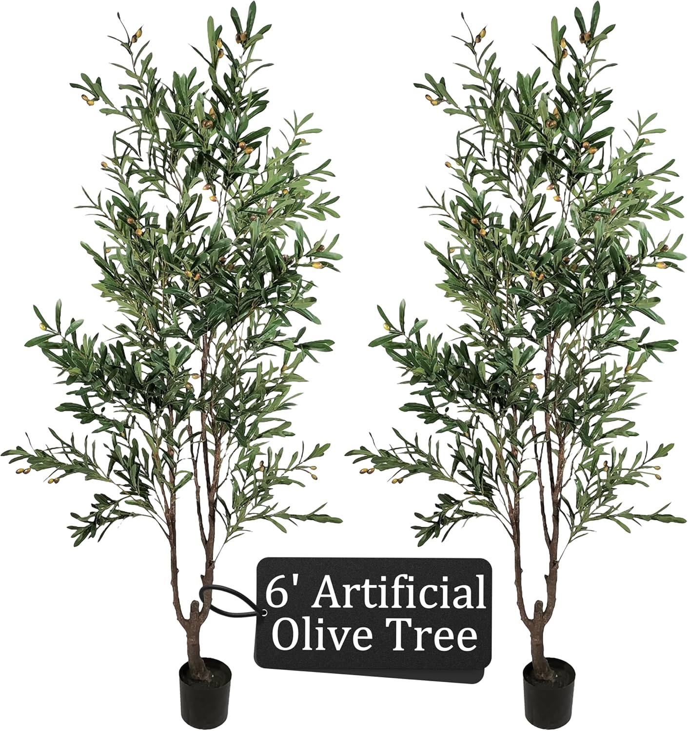 Real-Touch Artificial Tree 2-Pack, Faux Palm or Olive Trees with Weighted Pots, Lifelike Indoor Decorative Plants for Home, Office, Living Room & Entryway (Olive Tree - 6ft)